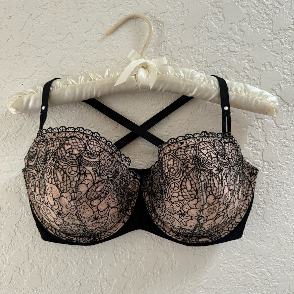 BLACKHEART PUSH-UP BRA in BLACK/BEIGE w/ EMBROIDERED SKULLS&HEARTS 36DD